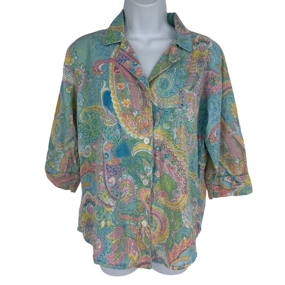 Lauren Ralph Lauren Button Up Pastel Paisley Embroidered Pajama Top Size M‎